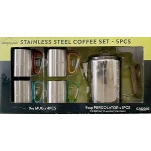 Alpine Mountain 9-Cup Coffee Percolator Set with 4 Mugs 9 oz Stainless Steel NIB